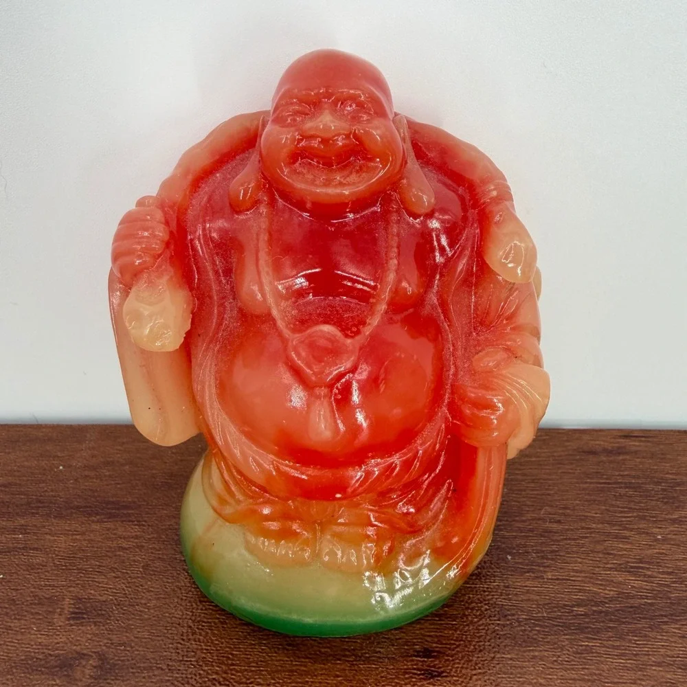 VTG 90s Fire Red & Green Translucent Resin Buddha Ogi Fan‎ & Wu Lou 3.75
